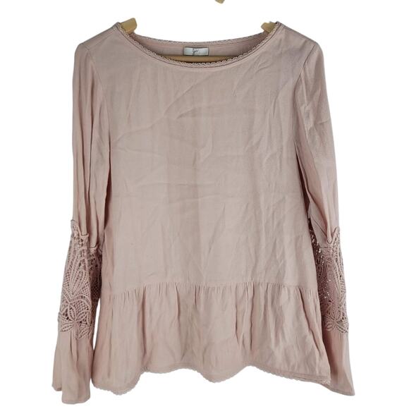 Joie Long Bell Sleeve Boat Neck Lace And Ruffle Blouse Light Pink Size S - Picture 1 of 6